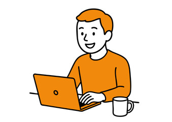 テーブルでノートパソコンを使う若い男性