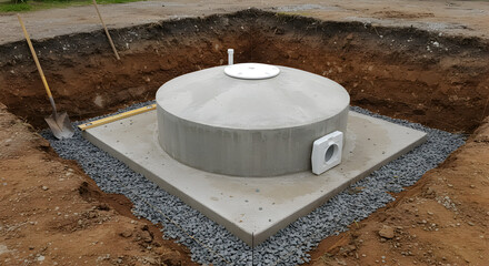 Gray Concrete Septic Tank Installation with Shovel and Gravel Bed During Daylight