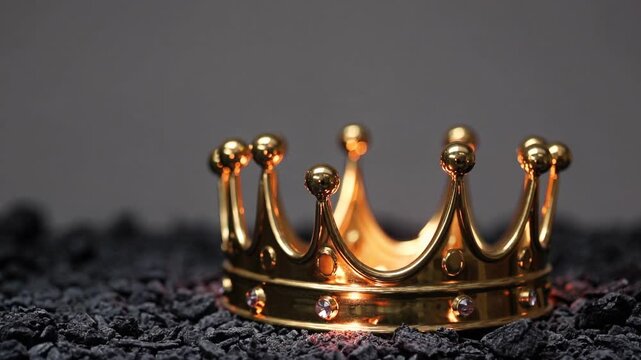 crown lying in a bed of scorched earth. Flames rise around it &mdash; slow, devouring, reverent. The golden metal, once gleaming with power, now cracks and blackens in the heat