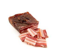 Cured carbonara pork isolated, raw smoked bacon, streaky brisket on white background