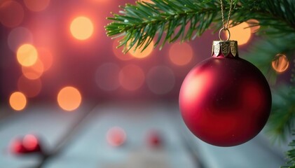 A single, shiny red Christmas ball ornament hanging against a blurred, festive background , decoration, red, tree