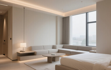 Modern hotel interior with large windows, and soft lighting.