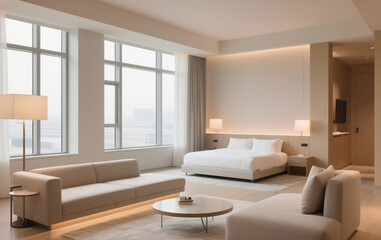 Fototapeta premium Modern hotel interior with large windows, and soft lighting.