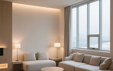 Modern hotel interior with large windows, and soft lighting.