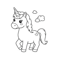Cute Winged Unicorn Coloring Page. Vector illustration.