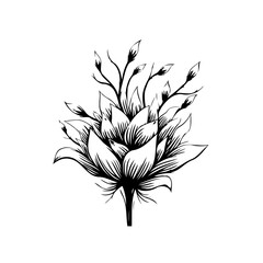 Elegant monochrome flower illustration with intricate linework and botanical details