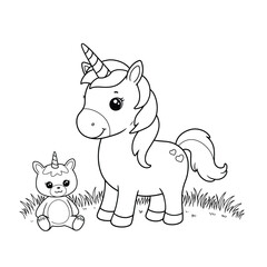 Cute Winged Unicorn Coloring Page. Vector illustration.