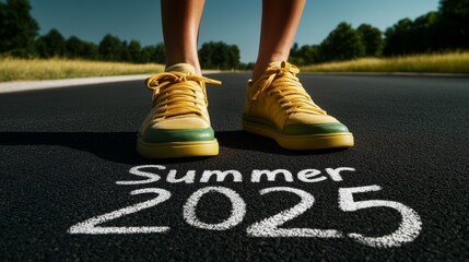 Bright yellow sneakers stand on a road with summer 2025 written in chalk under
