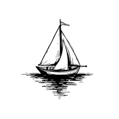 Monochrome rendering of sailboat gliding quietly on serene reflective water