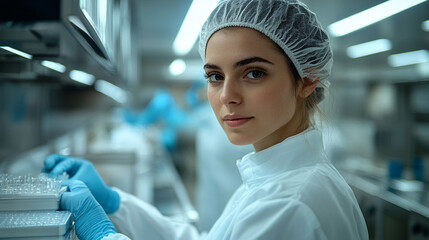 Young woman in sterile lab coat working with lab equipment, looking directly at camera.