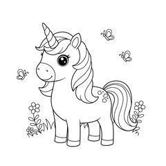 Cute Winged Unicorn Coloring Page. Vector illustration.