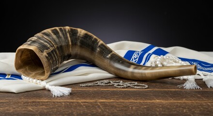 Photo Still Life Shofar Horn on Tallit for Rosh Hashanah