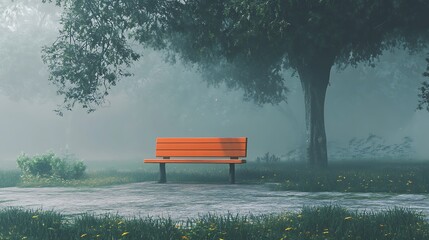Obraz premium Lone Orange Bench in a Foggy Park .