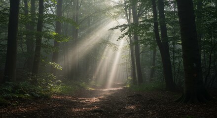 Obraz premium Photo Sunbeams Illuminate Misty Forest Path
