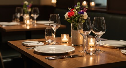 Restaurant table setting representing fine dining experience with candlelight and floral centerpiece