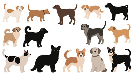 Fototapeta premium Collection of Diverse Dog Breeds Illustrations of Canines in Various Poses and Colors