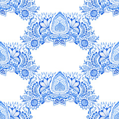 Seamless pattern on a white background. Hand drawn floral garlands from blue Watercolor painted leaves and flowers 
