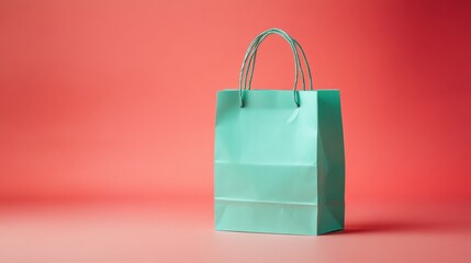 A pastel green paper bag with reinforced handles on a coral background 