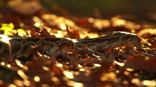 Detailed Close Up of a Brown and Tan Python Resting in Fallen Leaves under Warm Sunlight in its Natural Habitat