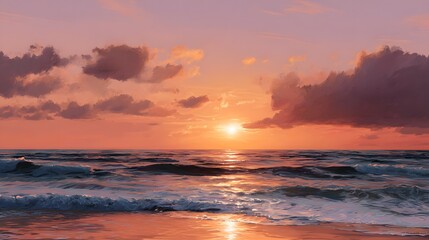 Fototapeta premium A breathtaking sunset over the ocean casts a warm glow across the water and sky, creating a serene vista.