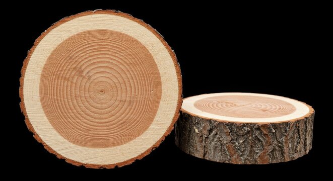 Photo Two Wood Slices with Rings on Black Background