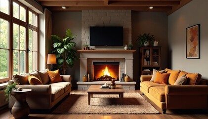 Cozy living room with fireplace, natural light, and comfortable furniture Warm and inviting home interior , plants, hearth