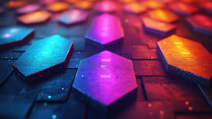 Abstract futuristic hexagon pattern with vibrant neon lights.