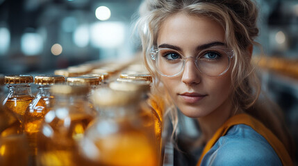 Young woman in glasses working in a beverage factory, looking thoughtfully at filled glass bottles.
