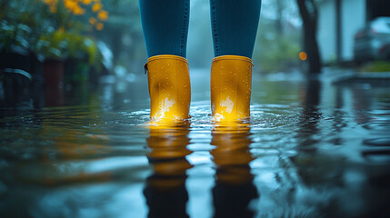 Woman in yellow rain boots walking through flooded street.