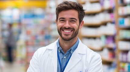 Fototapeta premium Happy man pharmacist wearing blue shirt white coat smiling. Shelves medicines in pharmacy background. Pro medical worker in drugstore. Health care, medicine, pharmaceutics concept.