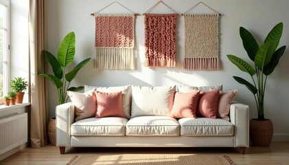 Cozy living room decorated with handmade knitted throw pillows and wall hangings , handmade, home textile, decor