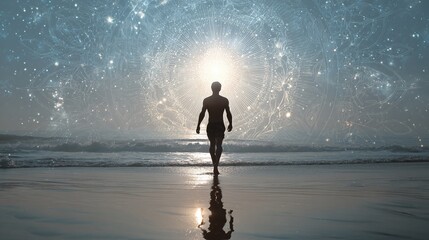 Hombre conecta simbólicamente con el cosmos con su mente y espíritu mientras camina por la playa.