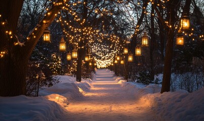 Lanterns hanging from frosted tree branches lighting a snowy pathway, Generative AI
