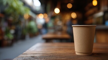 Paper cup of coffee on wooden table inside blurred cafe interior. Warm light, cozy atmosphere. Cafe background, design decor. Coffee shop, cafe concept. Lifestyle, social media. Downtime, chill