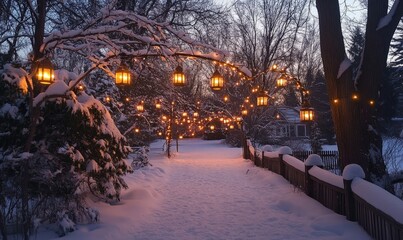 Lanterns hanging from frosted tree branches lighting a snowy pathway, Generative AI