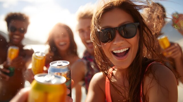 Joyful friends celebrating with beverages on a sunny day, capturing the essence of summer fun and camaraderie.