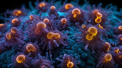 Dark-field microscopy captures Vibrio cholerae colonies glowing vividly under UV light, revealing their unique shape and clustering, crucial for understanding cholera transmission.