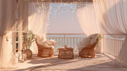 A coastal-inspired balcony with radiant fairy lights, rattan furniture, and soft white curtains swaying in the breeze, creating a peaceful retreat.