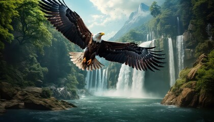 Fototapeta premium Eagle flying freely above the sky, with a stunning mountain and waterfall backdrop at sunset view