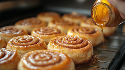 Cinnamon rolls being drizzled with honey glaze on a baking sheet.