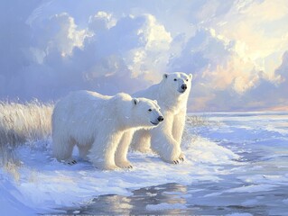 Polar bears playing on an icy shoreline under a soft winter sky, Generative AI