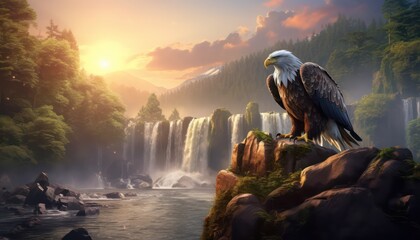 Fototapeta premium Eagle flying freely above the sky, with a stunning mountain and waterfall backdrop at sunset view