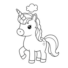 Cute Winged Unicorn Coloring Page. Vector illustration.
