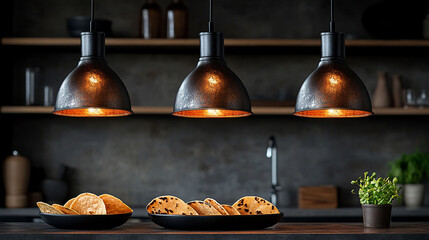Industrial kitchen with pendant lights and snacks on counter.