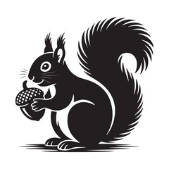 squirrel with bushy tail holding a nut Vector black silhouette. with white background