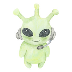 Green alien with antennae, black eyes, and a headset in watercolor. Space creature isolated clipart. Hand painted illustration for kids designs, party invites, wall art, or educational materials
