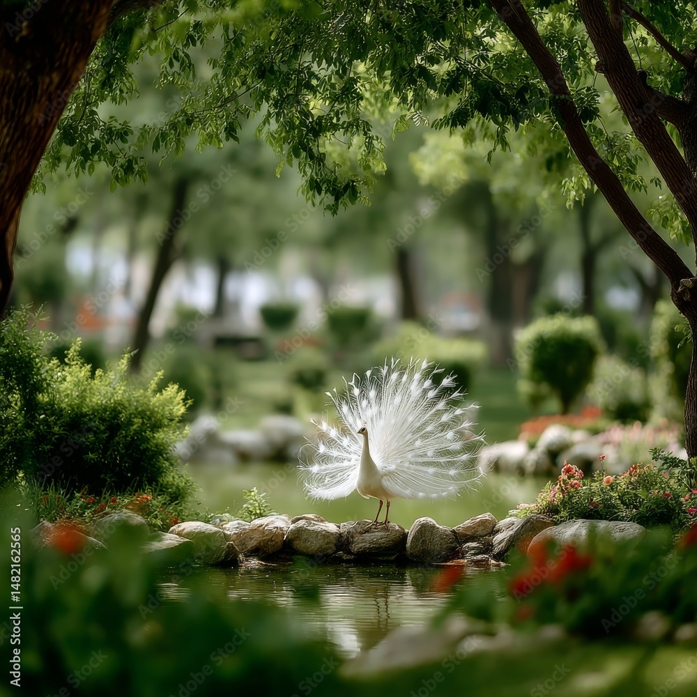 Poster an ethereal vision: a white peacock displaying its feathers beside a tranquil pond in a lush garden 