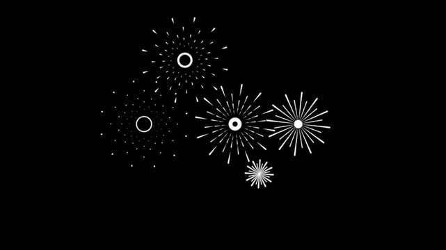 Stunning animated fireworks explosion featuring elegant line bursts and radiant circle patterns on a deep black background. Ideal for celebration videos, party visuals, and festive intros.
