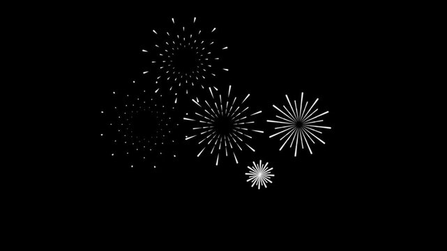 Stylish and smooth fireworks animation with radiant lines and circular bursts glowing over a black background. Ideal for cinematic intros, video titles, and event celebration animations.