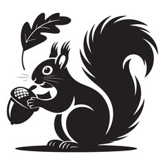 squirrel with bushy tail holding a nut Vector black silhouette. with white background